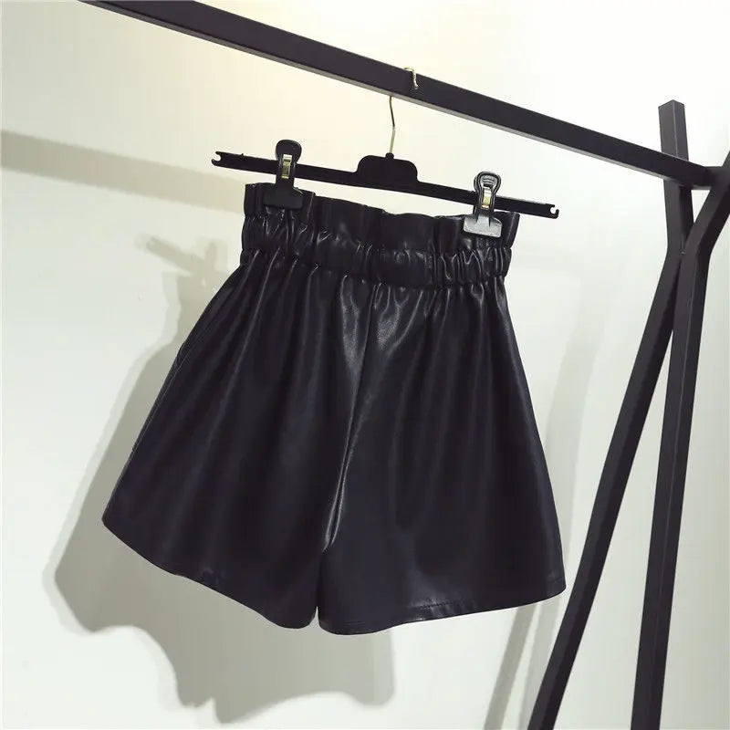 New High Waist Laced Up Shorts Flower Bud Wide Leg Leather Shorts Autumn Winter Korean Loose High Street Black Sexy Women Shorts