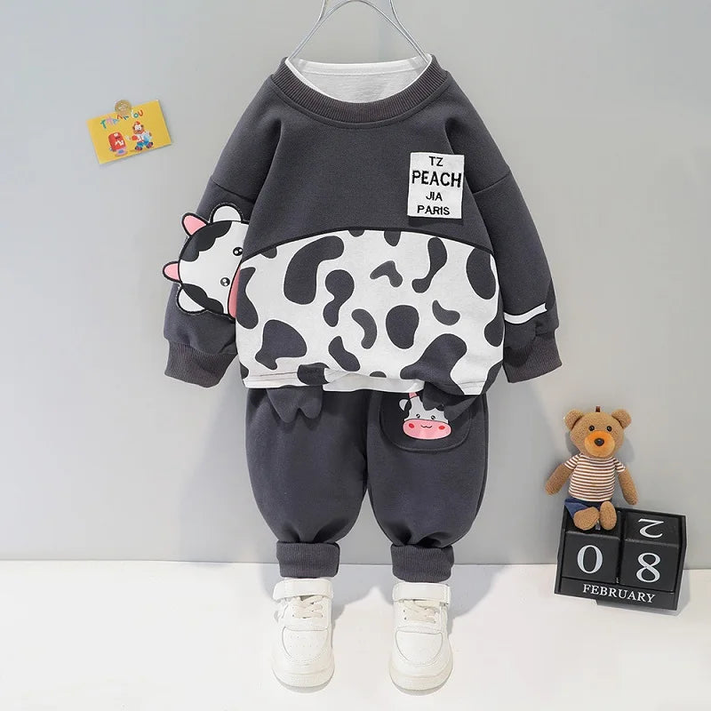 0-5-year-old cartoon two-piece set of long-sleeved spring new boys and girls casual sports suits top+pants mother kids