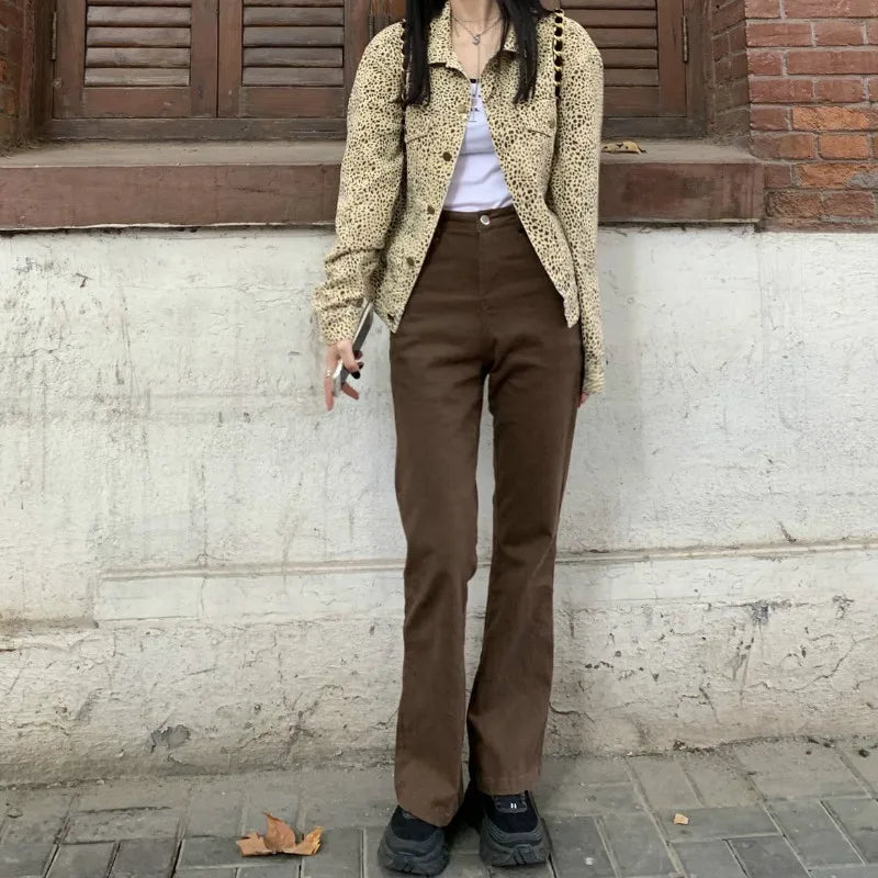 Retro Jeans Women Artistic Vintage Denim All-match Slim BF Girls Pure Trousers Flare Brown 3XL Ulzzang Aesthetic Mom Popular New