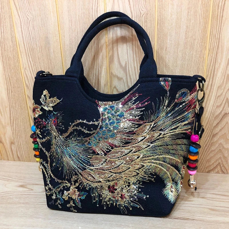 Women Shoulder Bag Handmade Shiny Peacock Embroidered Bohemia Handbag Retro Large Capacity Canvas Tote Shopping Messenger Purse