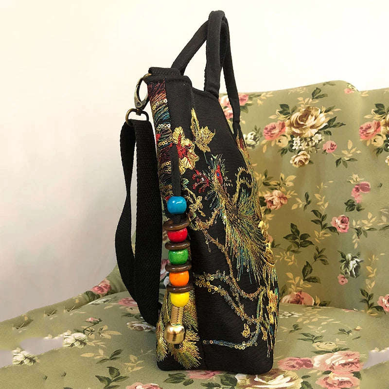 Women Shoulder Bag Handmade Shiny Peacock Embroidered Bohemia Handbag Retro Large Capacity Canvas Tote Shopping Messenger Purse