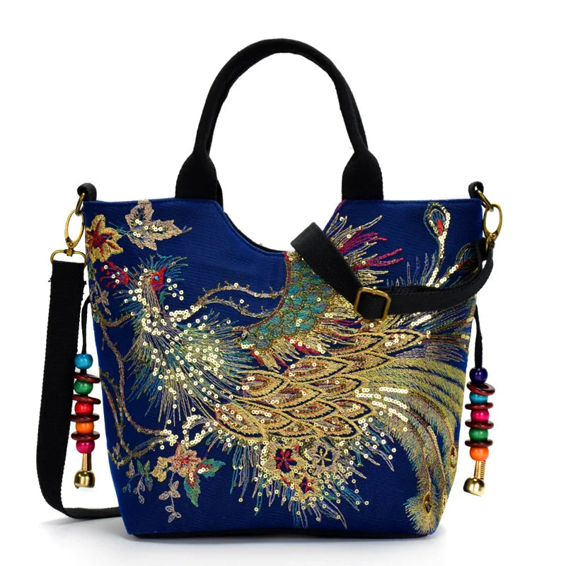 Women Shoulder Bag Handmade Shiny Peacock Embroidered Bohemia Handbag Retro Large Capacity Canvas Tote Shopping Messenger Purse