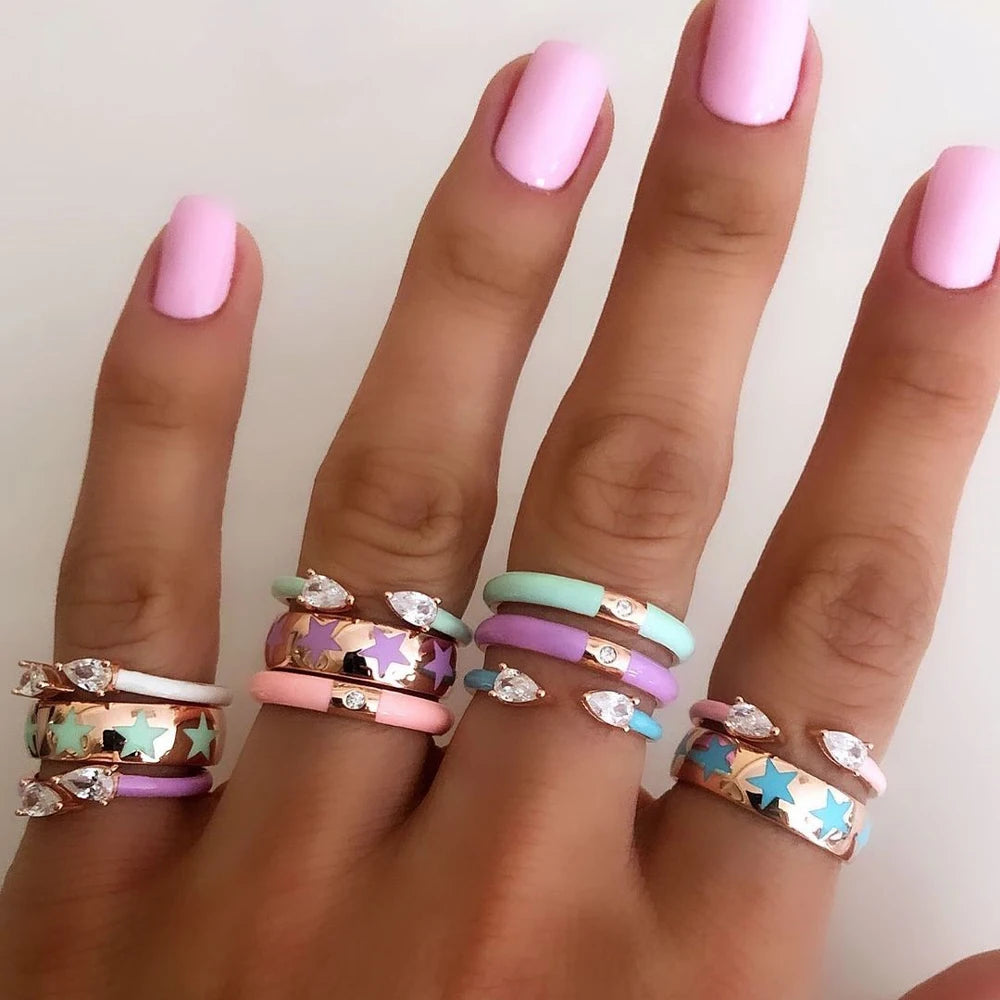 Colorful Pastel Enamel Band Ring For Women 2025 Summer Hot Selling Double Tear Drop CZ Design Lovely Open Adjusted Finger Rings