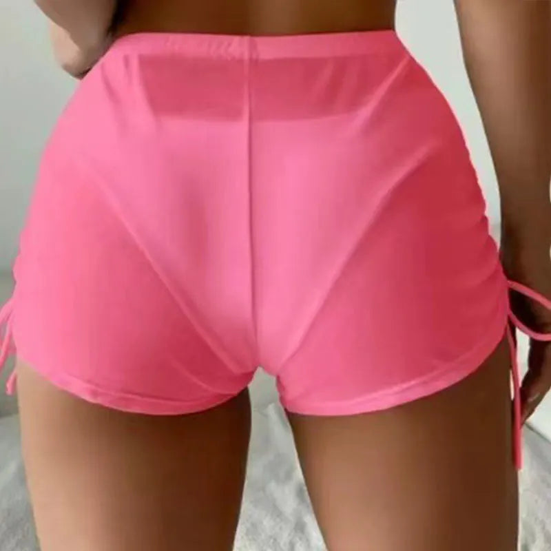Summer Shorts Transparent Drawstring Side Cover High Waist Short Pants Beach Swimming Trunks Women Mesh Shorts
