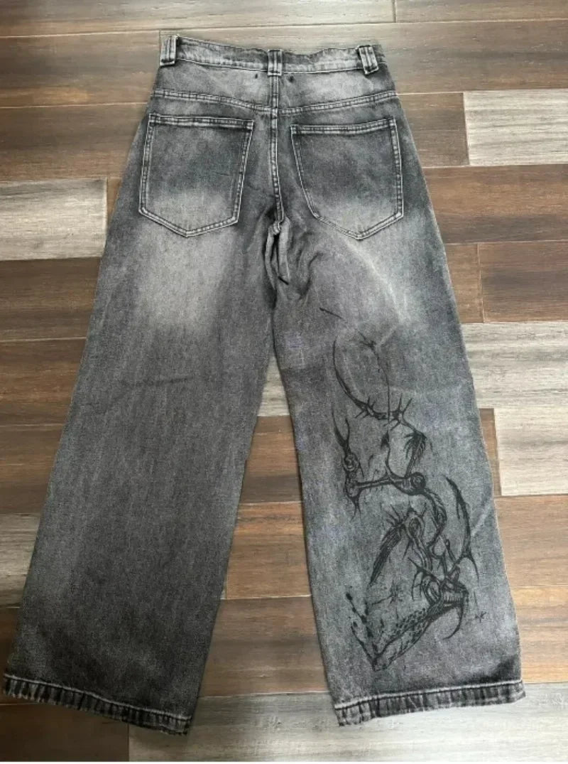 2024 New American Fashion Retro Hip hop Embroidery Pattern Baggy Jeans For Mens Womens Y2K Harajuku Gothic Wide Pants Streetwear