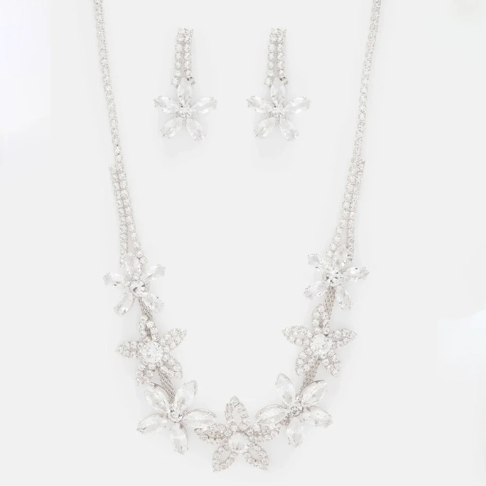 Hollow Crystal Flower Necklace Earrings Set Statement Accessories High Quality Zircon Bridal Jewelry Sets Wedding for Women