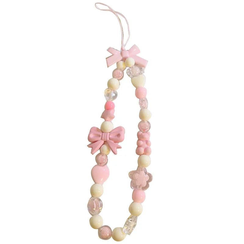 Bowknot Beaded Mobile Phone Chain Charm Acrylic Heart Beaded Pendant Phone Hanging Lanyard Strap Women Girls Sweet Accessories