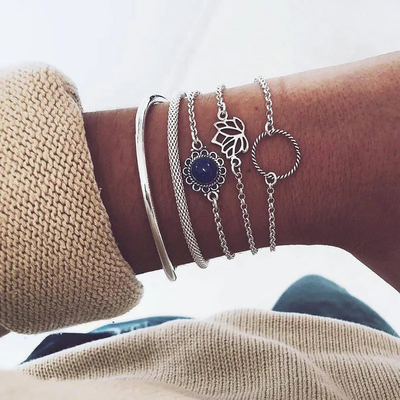 YOBEST 2024 New Heart Beads Chain Bracelets for Women, Silver Color Trendy Geometric Bracelets Set, Party Jewelry Accessories