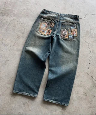 Y2K Minimalist Men's Jeans Retro Pocket Embroidered Loose Korean Casual Harajuku High Waist Aesthetic Couple Wide Leg Pants