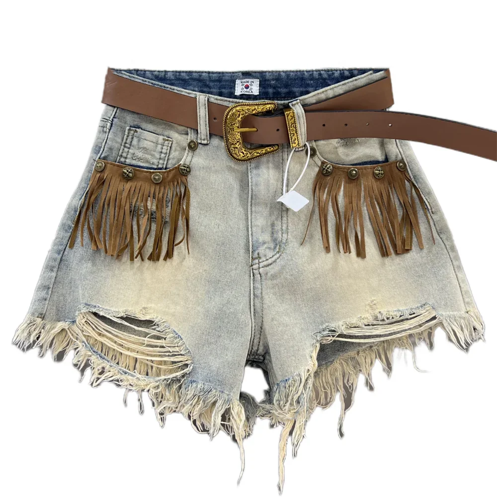 Hot Girl Fringe Frayed Edge Ripped Hole Jeans Women's 2025 New Summer Retro Slim Wide Leg Shorts Pants