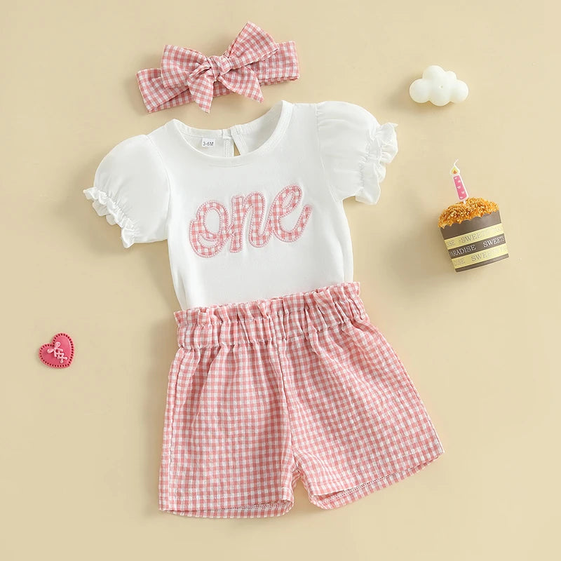 0-18M Baby Girls 1st Birthday Outfits Letter Short Puff Sleeve Romper with Plaid Print Shorts and Headband