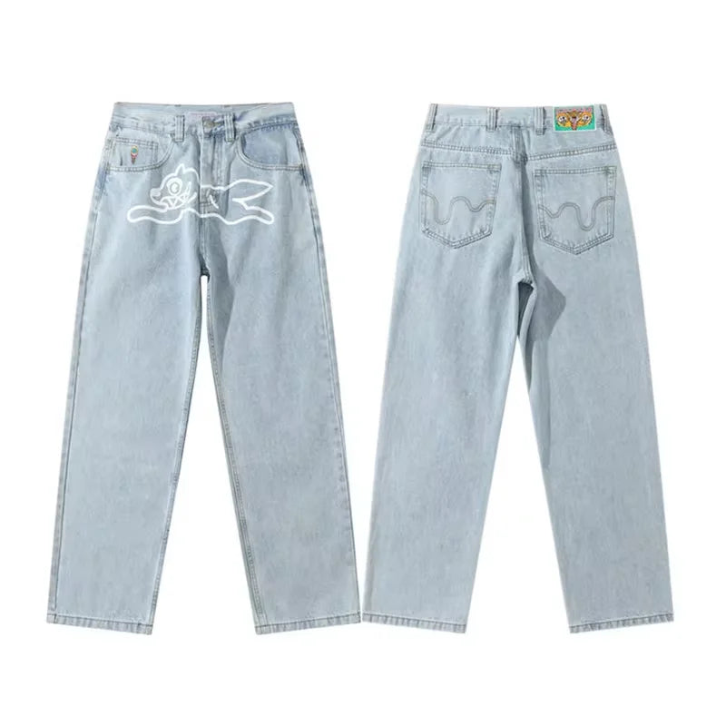 2024 Cyber Y2K Fashion Flying Dog Printed Baggy New Jeans Pants For Men Designer Clothes Luxury Kanye Straight Cowboy Trousers