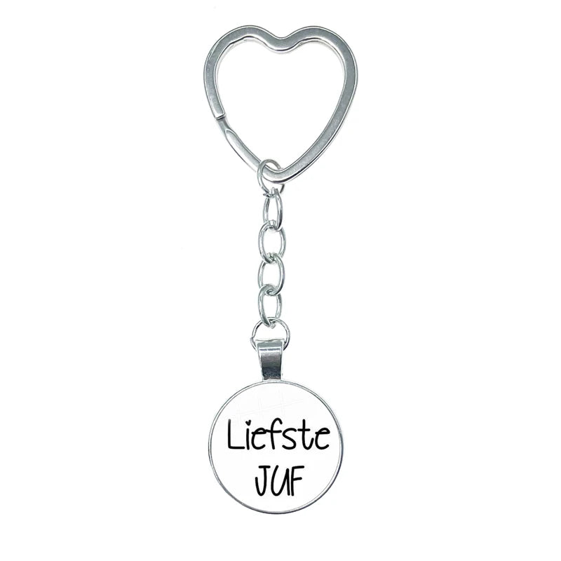 VOOR DE Liefste Juf Sleutelhanger Glass Heart Keychain Anneau Porte Clef Bedankt Juf Cadeau Letter Thank You Dear Teacher Gift