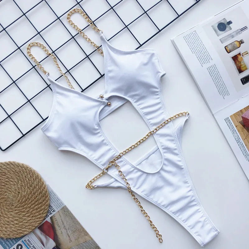 Women Luxury Sexy Swimsuit Halter Push Up Bandage Swimwear Bikini Thong Swimsuit Chain Push Up Beachwear