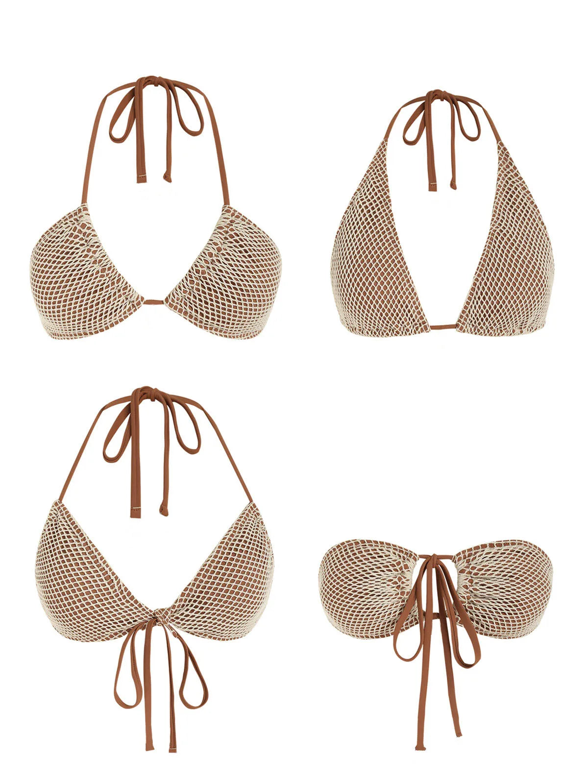 Women's Swimsuit Swimwear Matching Multiway Contrast Fishnet Halter Bandeau Tie Side Tanga Two Piece Bikinis Female Bikinis Set