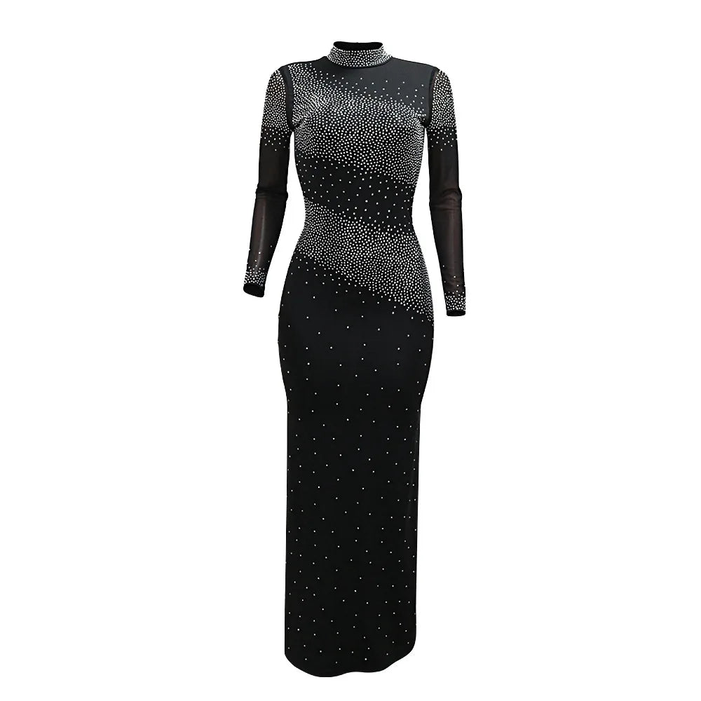 Women Evening Dresses High Neck Shiny Rhinestones Cocktail Elegant Party Dress Luxury Long Sleeve Formal Prom Dresses XSY015