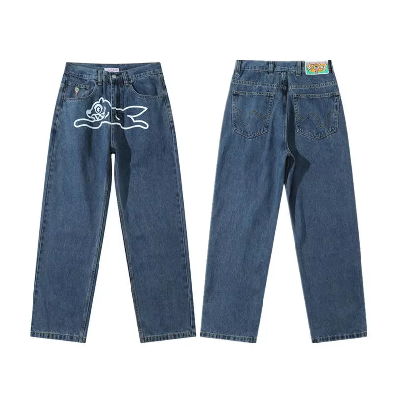 2024 Cyber Y2K Fashion Flying Dog Printed Baggy New Jeans Pants For Men Designer Clothes Luxury Kanye Straight Cowboy Trousers