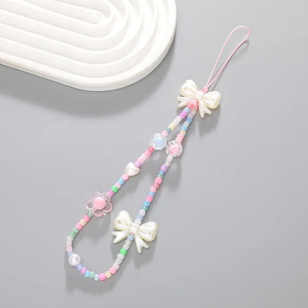 Bowknot Beaded Mobile Phone Chain Charm Acrylic Heart Beaded Pendant Phone Hanging Lanyard Strap Women Girls Sweet Accessories