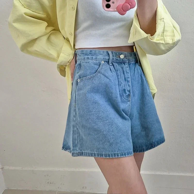 REALEFT Summer High Waist Women's A-line Denim Shorts Pocket 2025 New Single Button Casual Loose Wide Leg Jeans Shorts Female