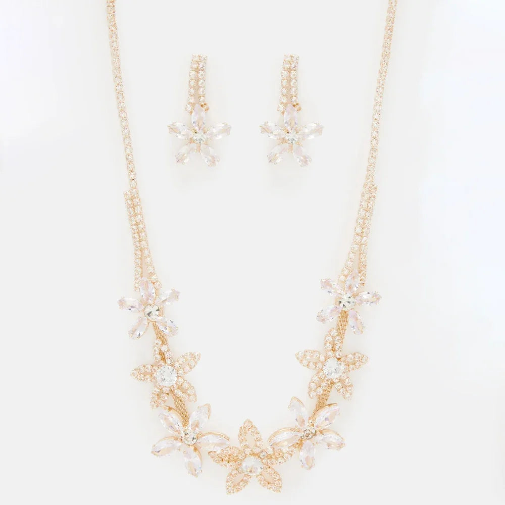 Hollow Crystal Flower Necklace Earrings Set Statement Accessories High Quality Zircon Bridal Jewelry Sets Wedding for Women