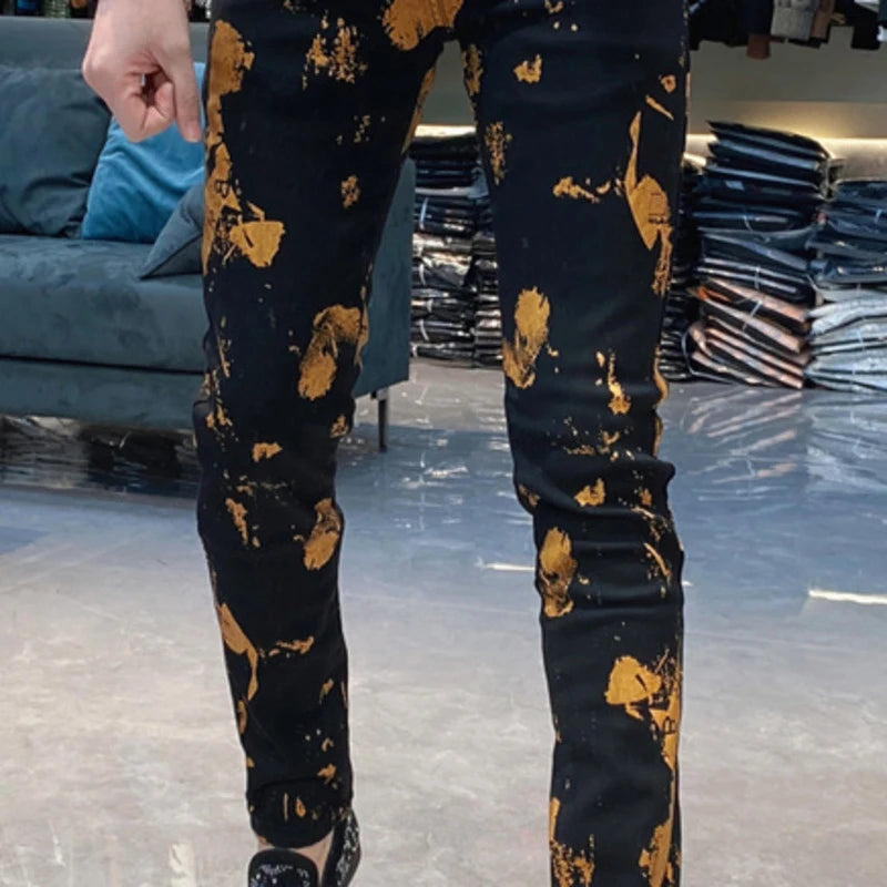 2024 Black Gold Contrast Personalized Graffiti Jeans Slim Elastic Jean Fashion Hip Hop Jean Men Punk Motorcycle Pants Jean Homme