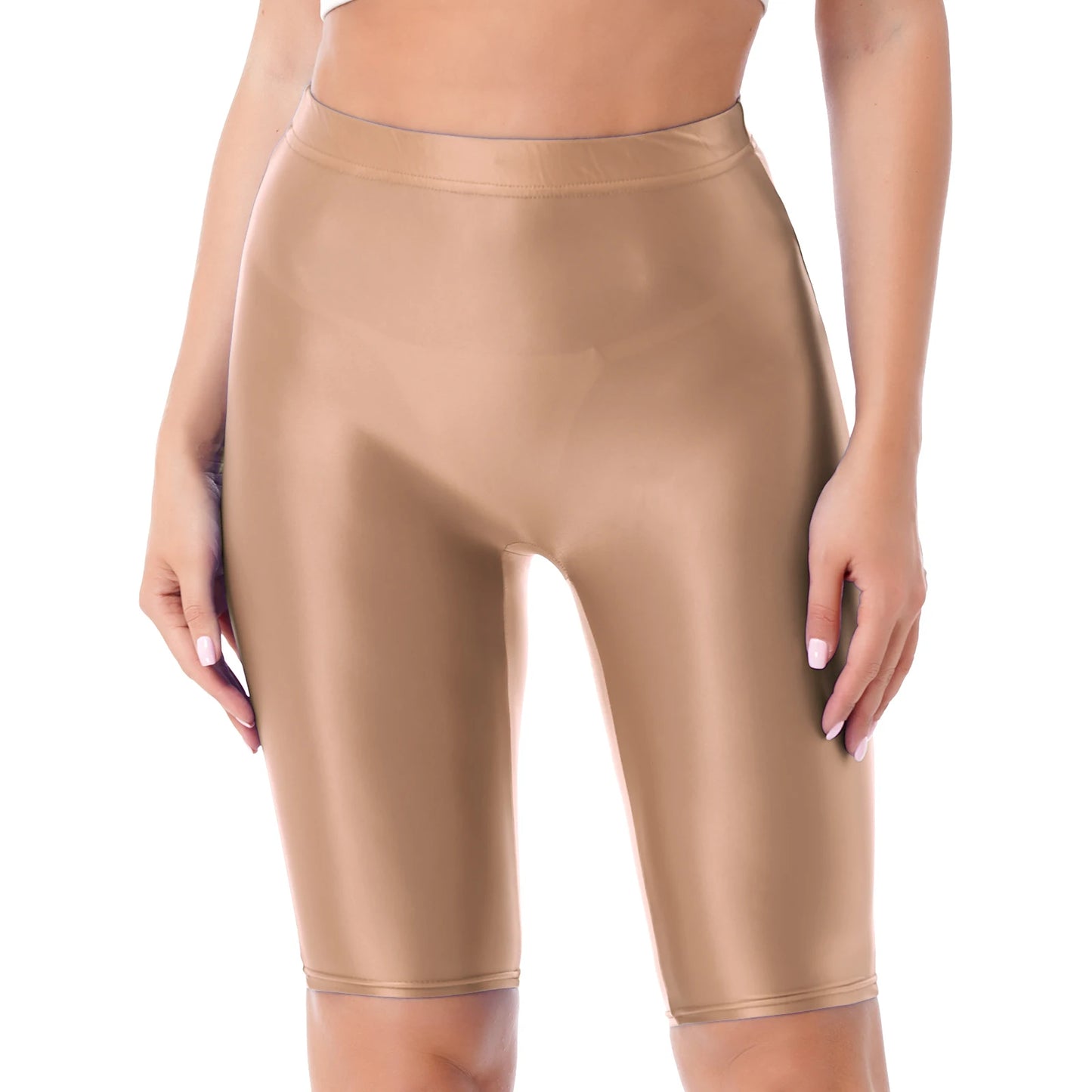 Womens Gymnastics Swim Shorts Glossy High Waist Shorts Elastic Waistband Short Leggings Swimwear Workout Sports Bottoms