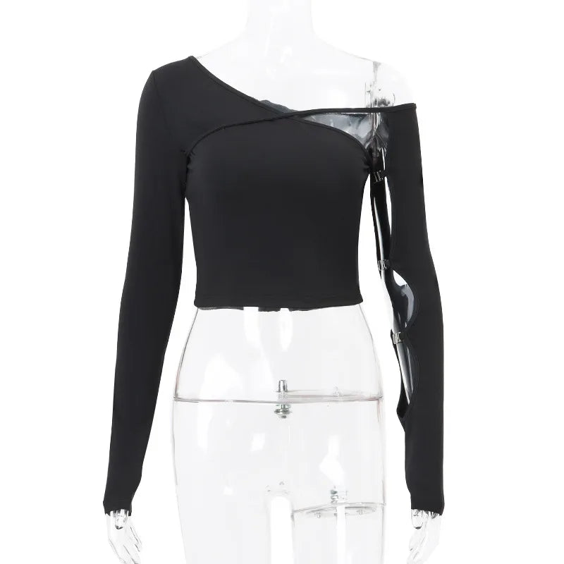 Streetwear Off Shoulder Hollow Out Tees Solid Vintage Casual All Match Crop Top Long Sleeve Slim Women Chic T-shirts Fashion Y2k