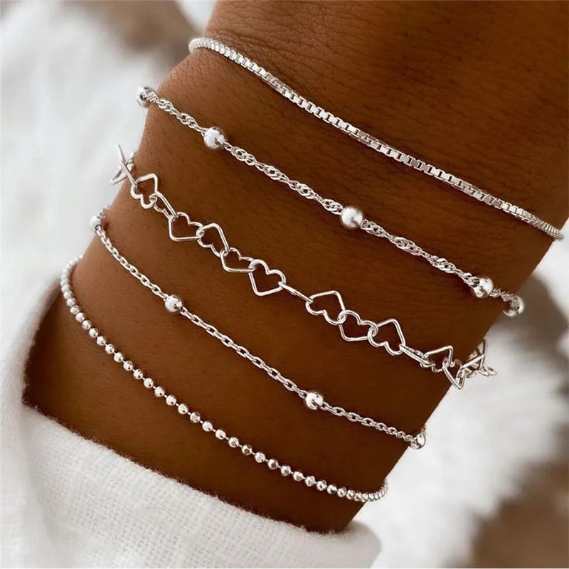 YOBEST 2024 New Heart Beads Chain Bracelets for Women, Silver Color Trendy Geometric Bracelets Set, Party Jewelry Accessories