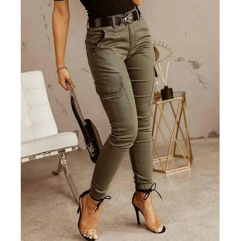 Pockets Small Feet Slim Fit Trousers Women Streetwear Cargo Pants Women Low Waist Button Solid Color