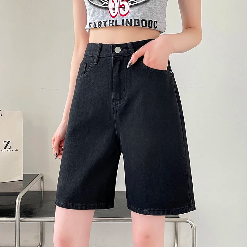2024 Summer New Women Shorts Jeans Baggy Straight Vintage Streetwear Jeans Shorts Women Clothing Blue Black Y2K