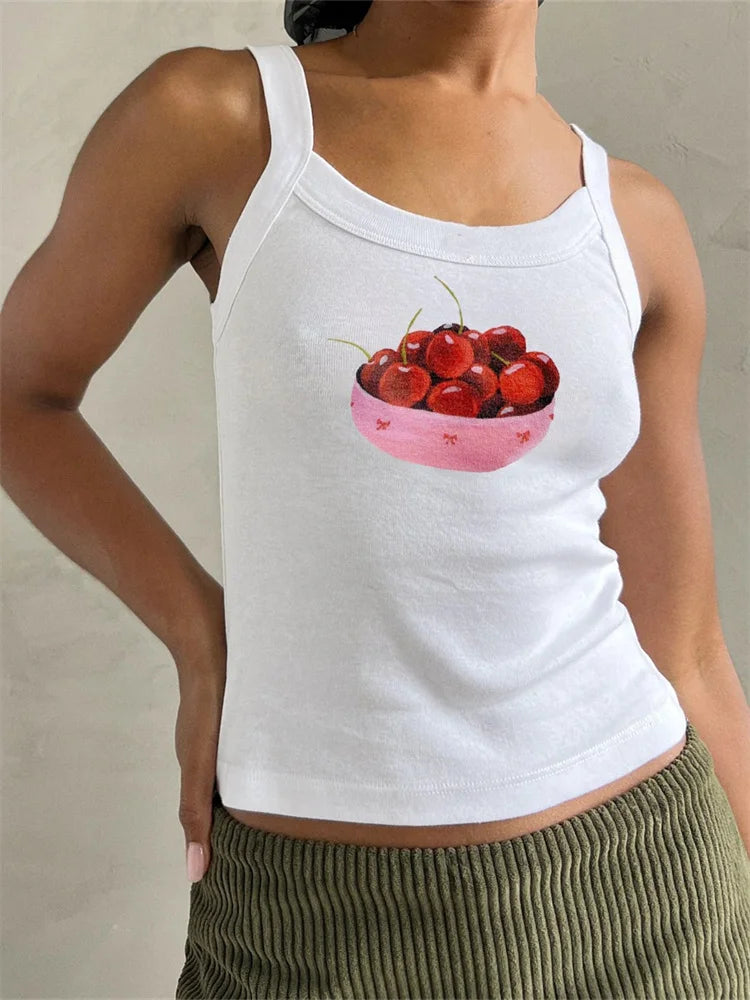 CHRONSTYLE Women Summer Print Cropped Tank Tops Slim Fit Round Neck Sleeveless Vest Tops Slim Fit Casual Clothes Streetwear 2024