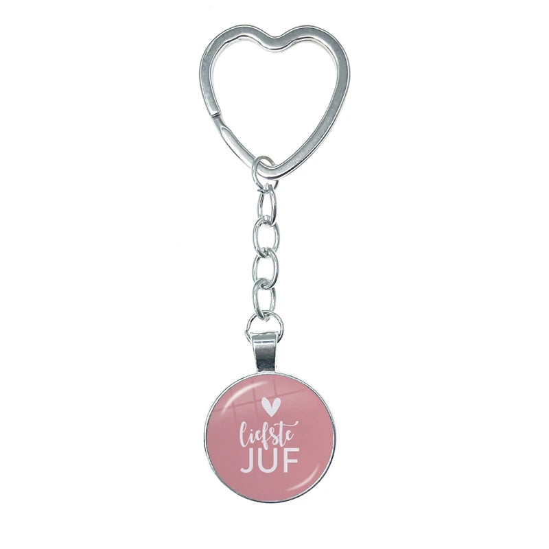 VOOR DE Liefste Juf Sleutelhanger Glass Heart Keychain Anneau Porte Clef Bedankt Juf Cadeau Letter Thank You Dear Teacher Gift