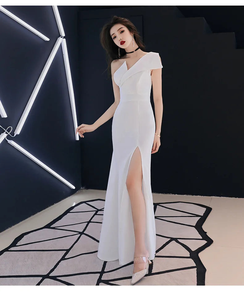 Host evening dress, light luxury, niche one shoulder black long dress, fishtail, one shoulder dress, female