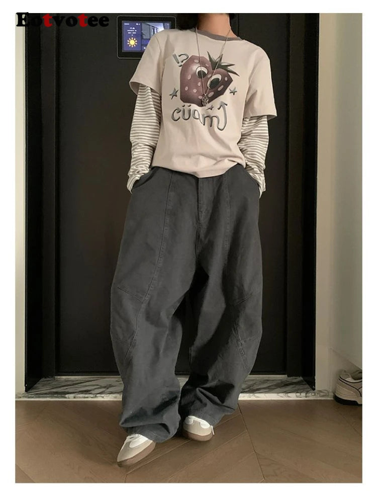 EOTVOTEE American Style Vintage Washed Jeans for Women Y2k Fashion High Waist Wide Leg Cargo Pants 2025 New Casual Cargo Jeans