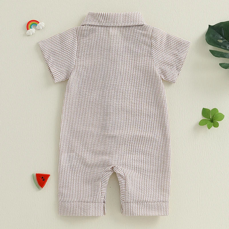 0-18M Newborn Baby Boy Summer Clothes Stripe Short Sleeve Dress Shirt Romper Button Jumpsuit Gentleman Outfit