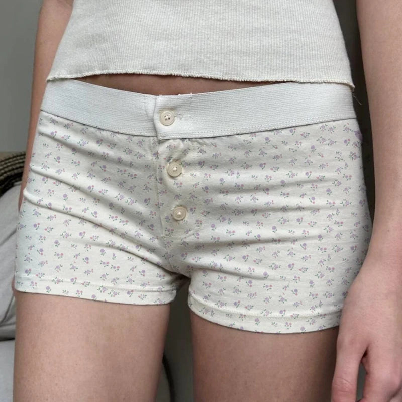 00s Cottage Cute Button Shorts Y2k Aesthetic Elastic Waist Pajama Pants Comfy Soft Sleep Bottoms Teen Girl Women Retro Shorts