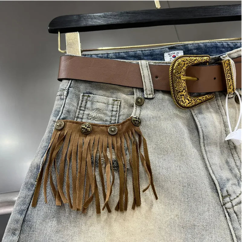 Hot Girl Fringe Frayed Edge Ripped Hole Jeans Women's 2025 New Summer Retro Slim Wide Leg Shorts Pants
