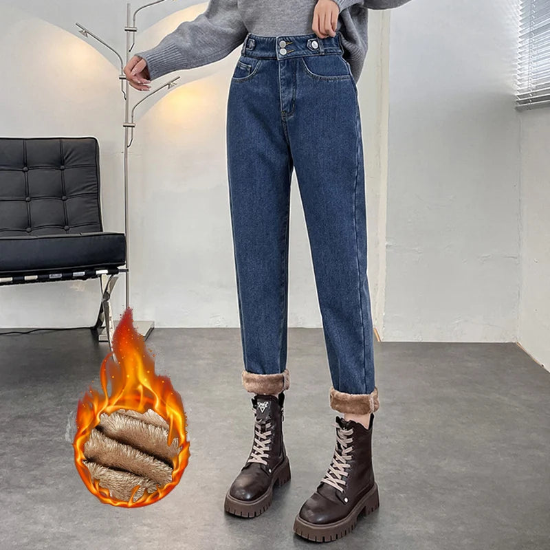 Winter Women's Warm Fleece Jeans High Waist Thick Straight Denim Harem Pants Plus Size Loose Trousers Lady High Waisted Jeans