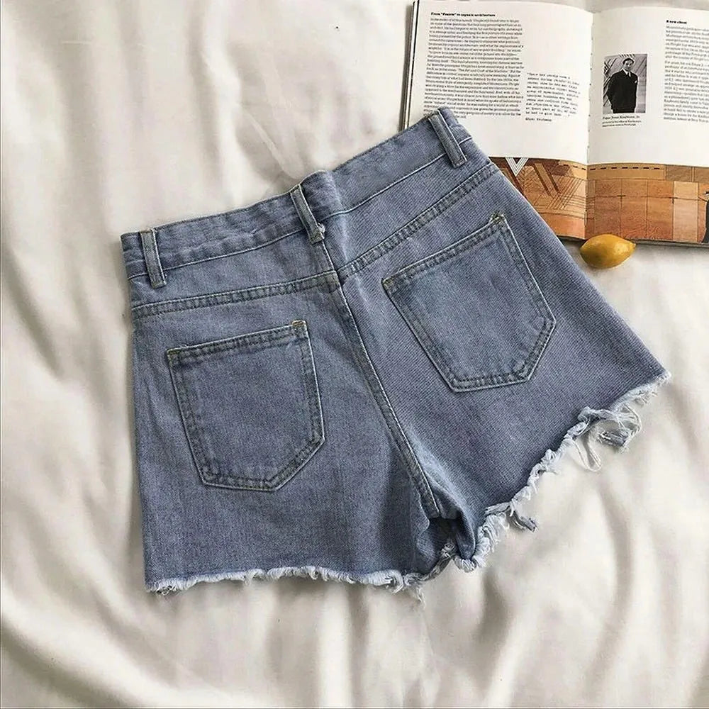 Summer Korean Women's Cowboy Shorts High Waist Casual Blue Denim Shorts Pocket Tassel Perforated Fashion Shorts Y2K Female Jeans