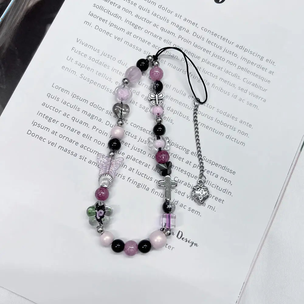 Bowknot Beaded Mobile Phone Chain Charm Acrylic Heart Beaded Pendant Phone Hanging Lanyard Strap Women Girls Sweet Accessories