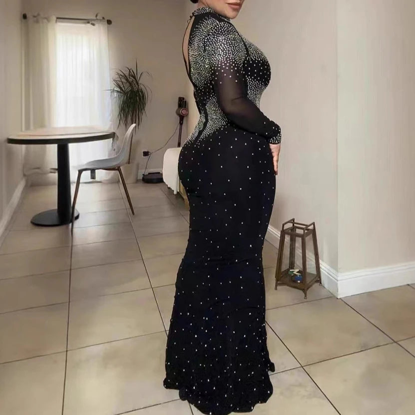 Women Evening Dresses High Neck Shiny Rhinestones Cocktail Elegant Party Dress Luxury Long Sleeve Formal Prom Dresses XSY015