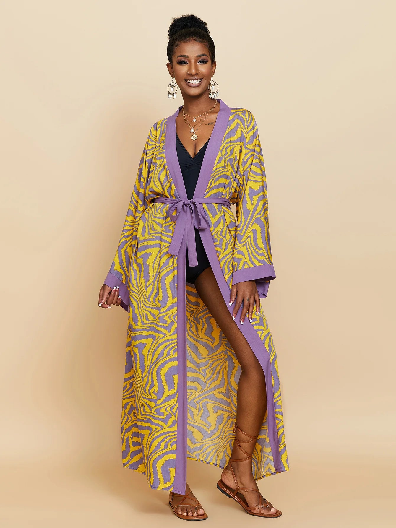 Women Long Beach Kimono Curve Hem Loose Open Front Tie Dye Bathing Suit Cover up