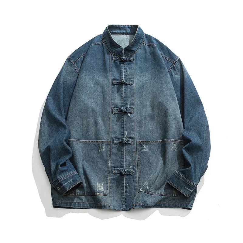 2024 Chinese Style Denim Jacket Men Streetwear Oriental Clothes Autumn Male Jeans Coat Vintage Fashion Hip Hop Loose Outwear