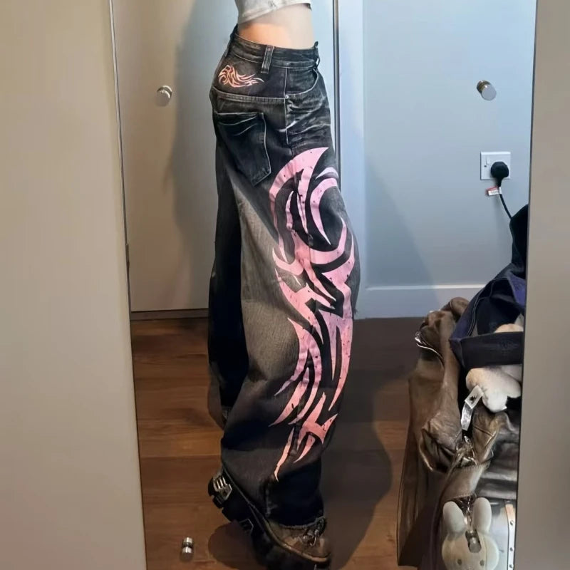 Y2K American Street Rhinestone Embroidery Flared Denim Jeans Casual Baggy Jeans Women High Waist Harajuku Wide Leg Jeans Unisex