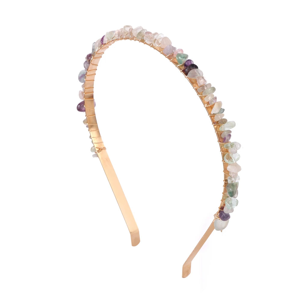 Colorful Natural Stone Aquamarine Crystal Gravels Chips HairBand Women Girl Healing Headwear Hair Accessories Handmade Jewelry