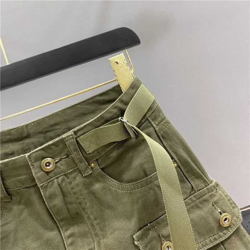 Zipper Fly Denim SKirts with Button Women's Denim Cargo Skirts with Pockets Sexy Mini A-line Jean Skirts Female Streetwear