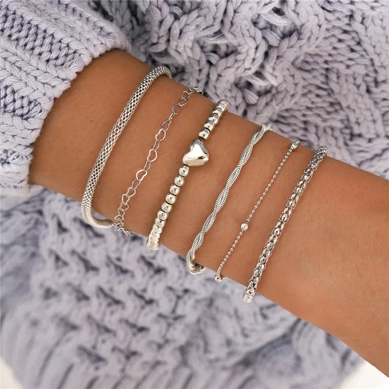 YOBEST 2024 New Heart Beads Chain Bracelets for Women, Silver Color Trendy Geometric Bracelets Set, Party Jewelry Accessories