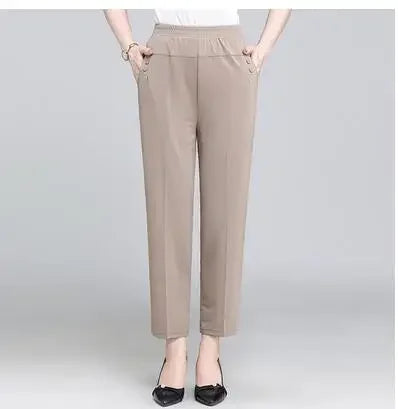 Middle Aged and Old Women Spring Summer Pant Thin Elastic Waist Loose Cotton Mother Long Casual Trousers Plus Size M-3XL