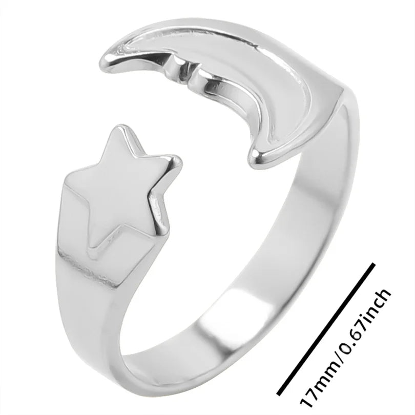 Wholesale 6pcs Steel Color Rings Hug Snake Love Star Moon Shell Leaf Shaped Rings Stainless Steel Women Jewelry Charms No Fade