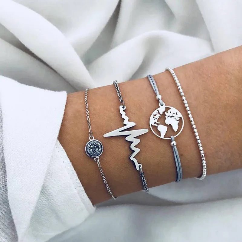 YOBEST 2024 New Heart Beads Chain Bracelets for Women, Silver Color Trendy Geometric Bracelets Set, Party Jewelry Accessories